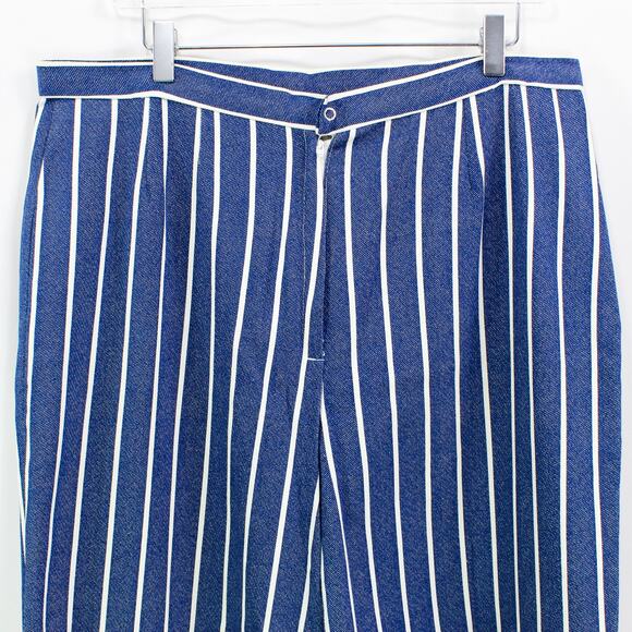 Vintage Blue White Striped Button Wide Leg Cropped Trousers Pants - Picture 2 of 8